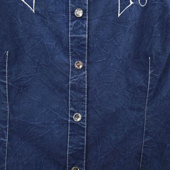 Affliction Snap Front Shirt Womens S Roll Tab 3/4 Sleeve Blue Cross Rhinestones - Picture 14 of 16